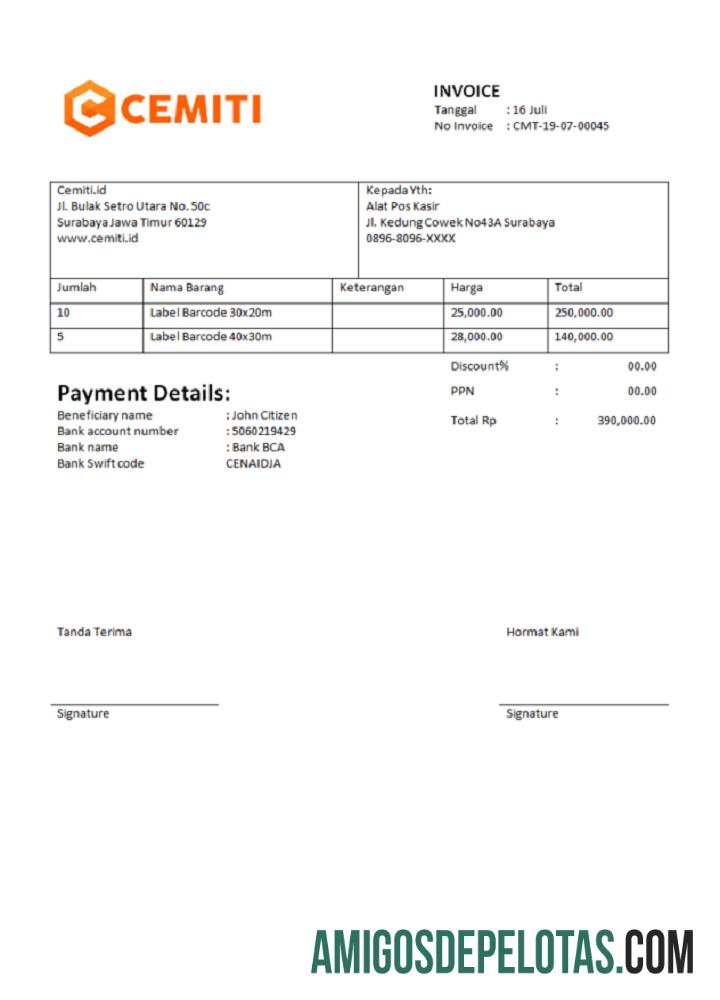 Fatura da comunidade eletrônica da Cemiti Sports da Índia exemplo real